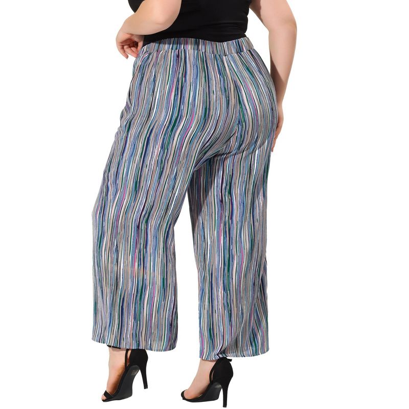 Agnes Orinda Women's Plus Size Boho Palazzo Elastic Waist Stripe Wide Leg Lounge Pants, 4 of 7