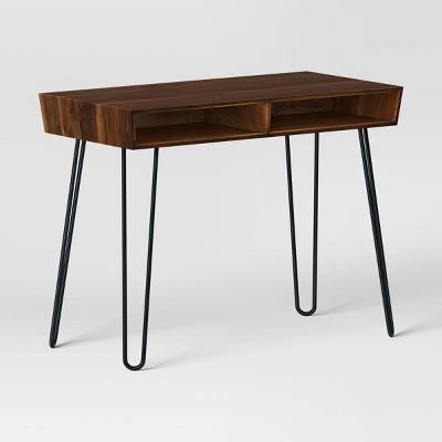 Hairpin Writing Desk with Storage Brown - Threshold™: Walnut Finish, Metal Legs, Open Compartments