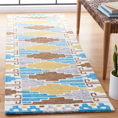 Ivory and Blue Geometric Hand-Tufted Wool Runner Rug