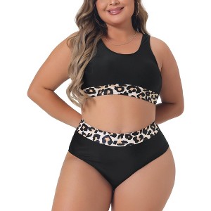Agnes Orinda Women's Plus Size Two Piece High Waisted Leopard Print U-Neck Bikini Sets - 1 of 4