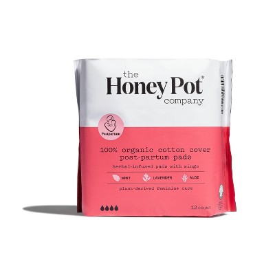 The Honey Pot Company Herbal Post-Partum Pads with Wings, Organic Cotton Cover - 12ct