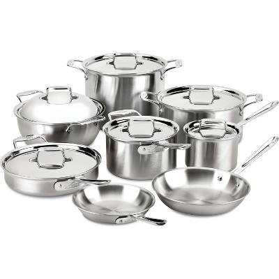 All-Clad D5 5-Ply Stainless Steel Cookware Set – 14-Piece Pots and Pans Set, Induction, Oven Broiler Safe 600F,Silver