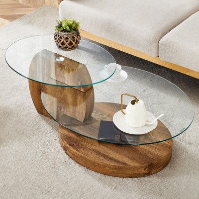 Maggift Patio End Tables, Glass Top Round Coffee Table, Double Layer Design, Suitable for Living Room, Patio, Bedroom, Brown, 47"*29.5"*16.7"