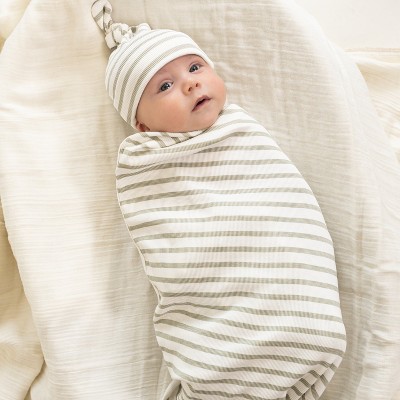 Organic Swaddle Blanket & Hat Set - Sage Stripes