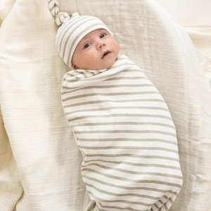 Organic Swaddle Blanket & Hat Set - Sage Stripes - 1 of 4