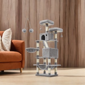 66.1 Inch Large Cat Tree Cat Tower with Scratching Posts, 2 Perches, 2 Caves, Basket, Hammock, Pompoms, Multi-Level Plush Cat Condo for Indoor Cats - 1 of 4