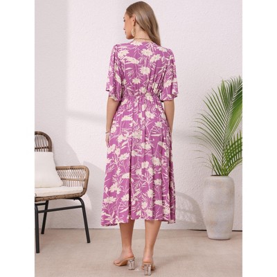 Женские платья INSPIRE CHIC Women's Floral Casual Summer Ruffle Sleeve V Neck Beach Boho A Line Midi Dresses X-Large Purple — фото 3