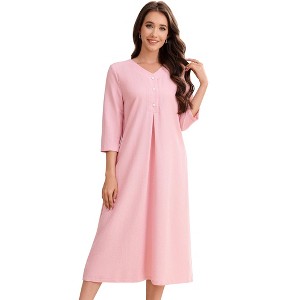 Garvee Women's V Neck Nightgown 3/4 Sleeve Sleepwear Plaid Button Front  Long Nightdress Lounge Pajamas Dress,Pink - Large
