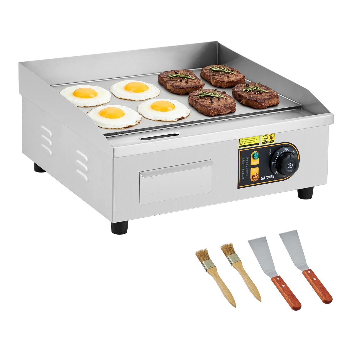 Electric Griddle, 1700W Countertop Flat Top Grill, Stainless Steel, 122°F-572°F Adjustable Temp, Includes 2 Shovels & 2 Brushes
