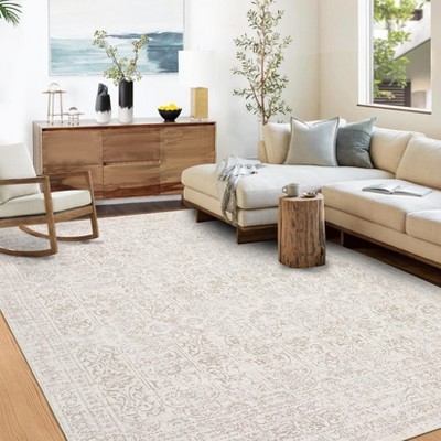 Large Washable Area Rug, Non-Slip Backing, Non-Shedding Oriental Distressed Carpet, Traditional Floral Design for Living Room & Bedroom (Beige)