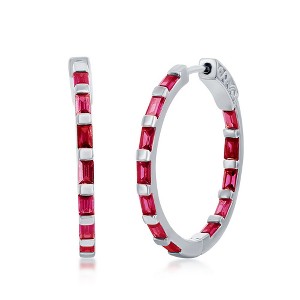 Bella Silver Sterling Silver Baguette CZ 25mm Hoop Earrings - Ruby CZ - Red - 1 of 2