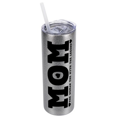 Elanze Designs Silvertone Sparkle 20 Ounce Double Wall Stainless Steel Glitter Travel Tumbler With Sliding Lid And Straw, Mom The Woman The Myth The