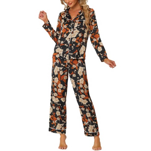 Cheibear Women s Satin Floral Button Down Long Sleeve Lounge Set 2