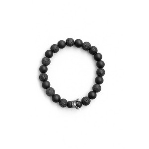 Black Lava Stone Beaded Bracelet – Matte Onyx with Crown Charm - 1 of 2