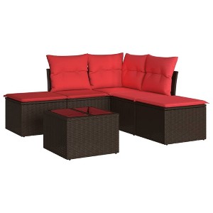 vidaXL Garden Sofa Set Black PE rattan 5 Piece Set - Brown and Red With Table - 1 of 4