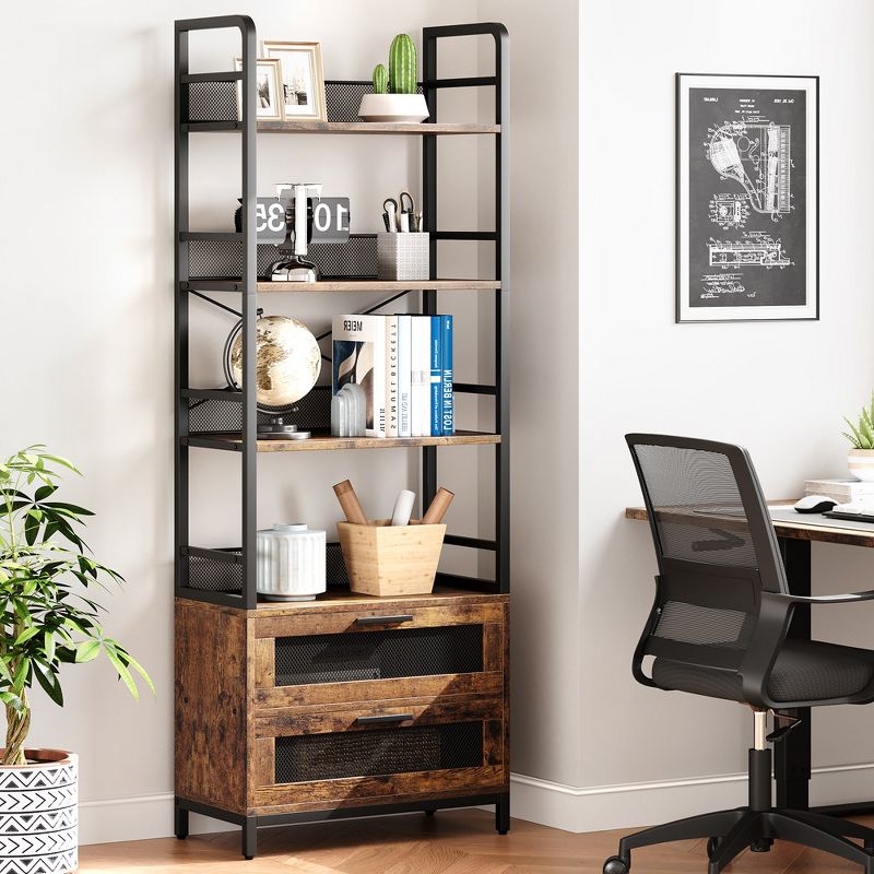 Whizmax Bookshelf with Drawers Industrial Bookcase with 4 Tiers Open Storage Shelves for Bedroom, Living Room, Home Office, Brown, 3 of 10