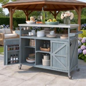 BAOURE Outdoor Kitchen Island with Stainless Steel Top, Farmhouse Solid Wood Grill Table with Spice Rack & Lockable Wheels - Grey Blue - 1 of 4