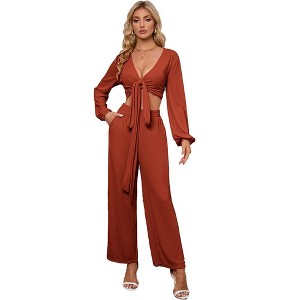 Womens Textured Co-ord Sets Tie Front/Side Crop Tops Tops with Palazzo Pants Knot Tie Trousers Sets Long Sleeve Lounge Sets - 1 of 4
