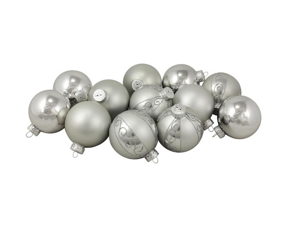 Northlight 12ct Matte and Shiny Silver Glass Ball Christmas Ornaments 2.5" (65mm)
