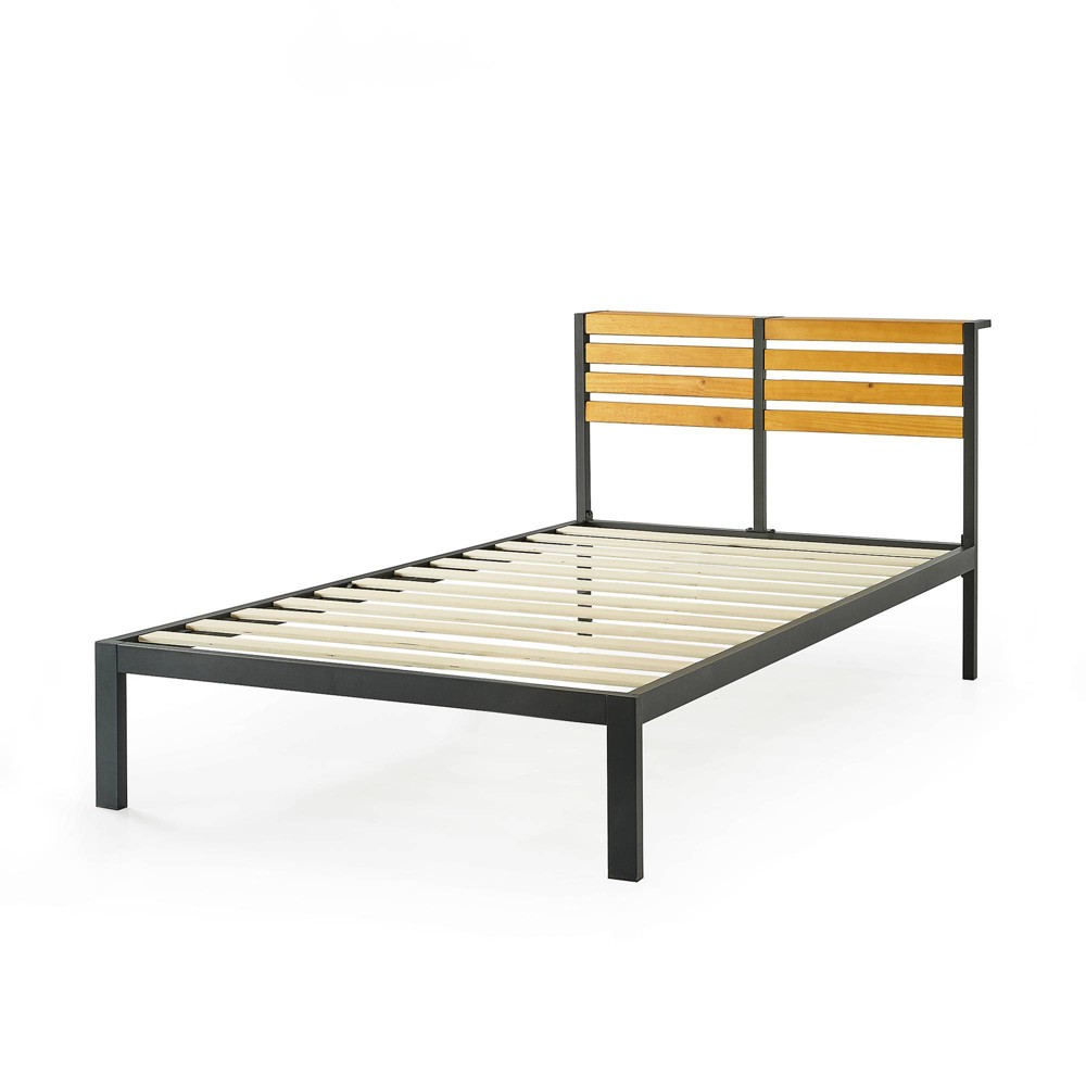 Photos - Bed Twin Kasi Metal Platform  with Panel Headboard Shelf Black - Mellow