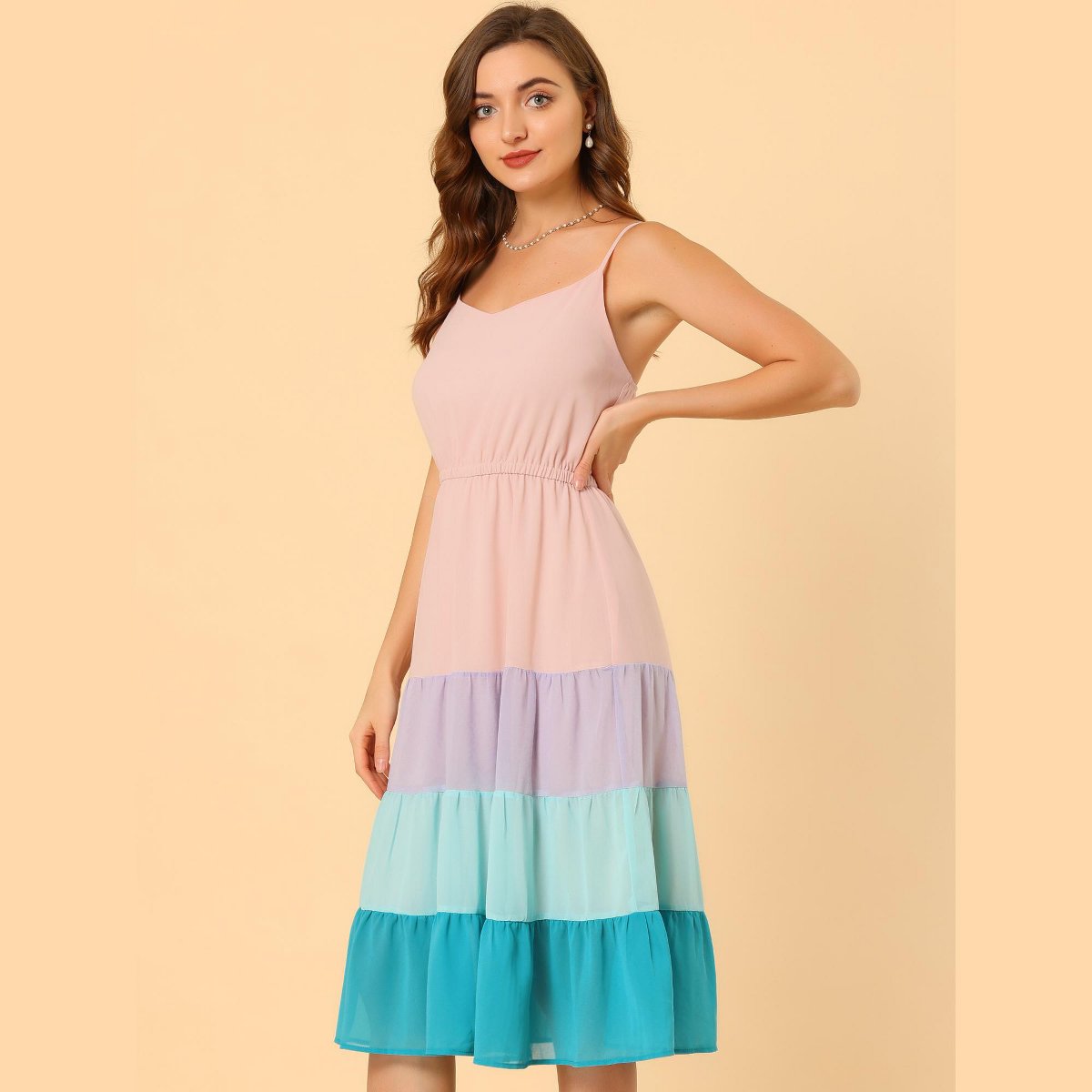 Женские платья INSPIRE CHIC Women's Summer Spaghetti Strap Flowy Swing Chiffon Midi Dress X-Small Pink — фото 4