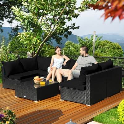 7PCS Patio Rattan Sofa Set Sectional Conversation Furniture Set Garden Black