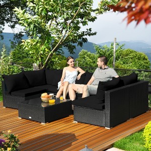 Costway 7PCS Patio Rattan Sofa Set Sectional Conversation Furniture Set Garden Black - 1 of 4