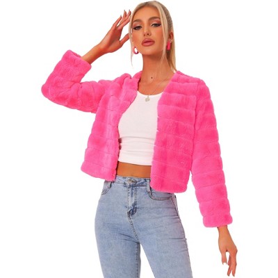 Allegra K Women's Winter Warm Cropped Collarless Faux Fur Fluffy Jacket