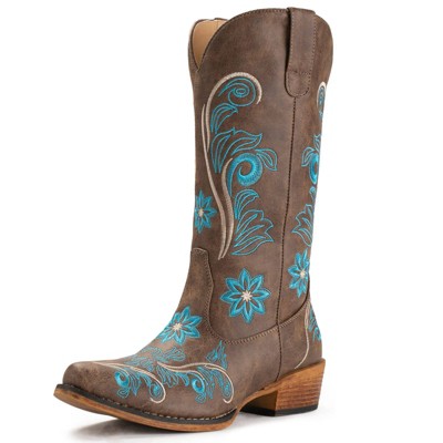 IUV Mid-Calf Cowgirl Boots Cowboy Western Pull-On Tabs Pointy Toe Boot White/Brown