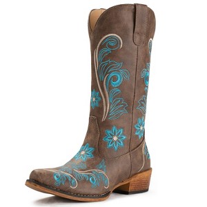 IUV Mid-Calf Cowgirl Boots Cowboy Western Pull-On Tabs Pointy Toe Boot White/Brown - 1 of 4