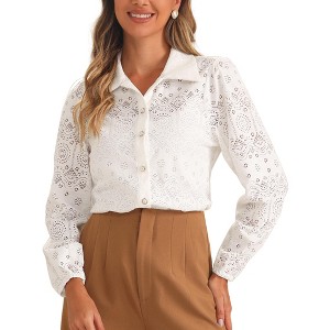 INSPIRE CHIC Women's Lace Puff Long Sleeve Casual Elegant Button Down Collar Shirt - 1 of 4