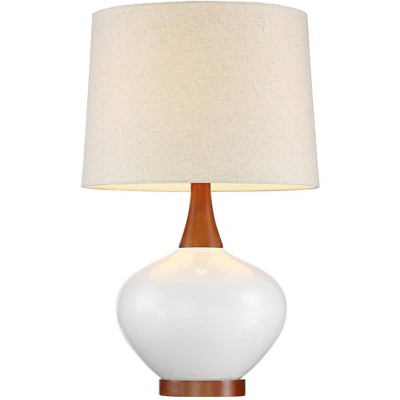 Ivory Ceramic and Wood Mid-Century Table Lamp with Drum Shade