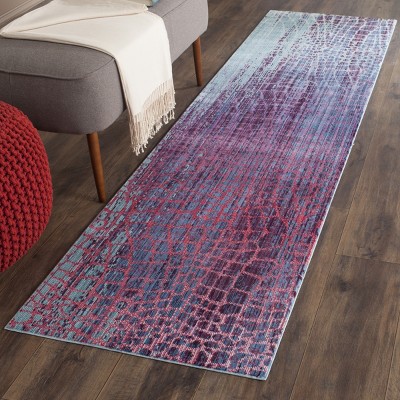 Blue and Fuchsia Abstract Synthetic Runner Rug