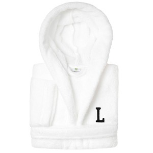 Personalized Linum Kids 100% Polyester SUPER PLUSH Double Brushed Hooded Bathrobe in Black Bookman Font - 1 of 3