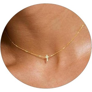 Gold Sideways Cross Necklace for Women, 14K Gold Plated Simple Everyday Choker - 1 of 4