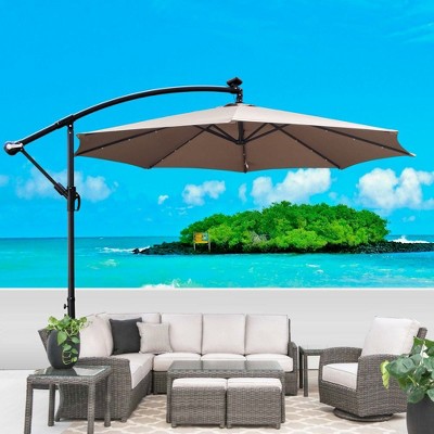 CAVINAS 10 FT Patio Umbrella with LED Light and Crank,8 Ribs Market Patio Umbrella with Cross Base for Backyard,Poolside,Deck