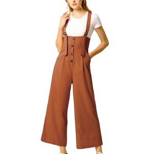 Allegra K Women's High Waist Wide Leg Belted Button Long Overalls Jumpsuit - 1 of 4