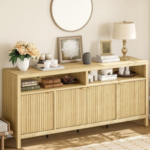 Homhougo Fluted Storage Cabinet 65.8" Adjustable 3-Tier, Modren Entryway Organizer with Fluted Doors and Gold Handle Natural - 1 of 4