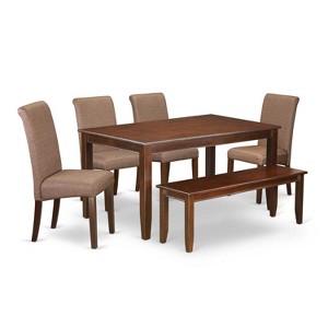 Rustic Kitchen Table Set 6 Chairs Bench Linen Brown Farmhouse Dining Room Furniture - 1 of 4