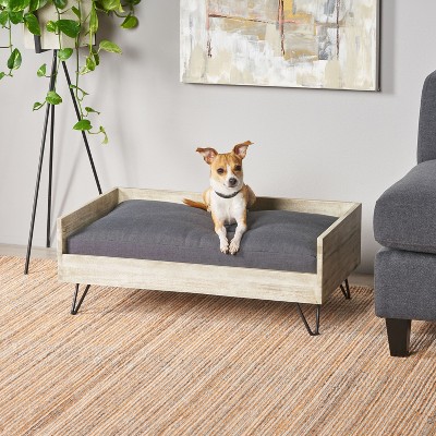 Lyngins Mid-Century Modern Dog Sofa Bed,Sleek Acacia Wood Frame Dog Bed with Waterproof Cushion, Hairpin Legs,Black+Grey
