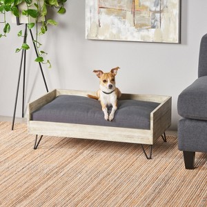 Lyngins Mid-Century Modern Dog Sofa Bed,Sleek Acacia Wood Frame Dog Bed with Waterproof Cushion, Hairpin Legs,Black+Grey - 1 of 4