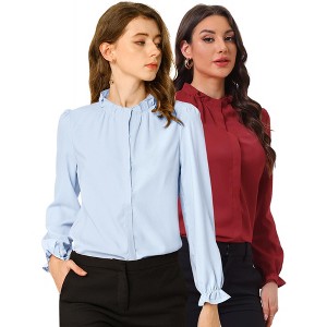 INSPIRE CHIC Women's Button Down Ruffle Collar Long Sleeve Chiffon Shirt 2 Packs - 1 of 4