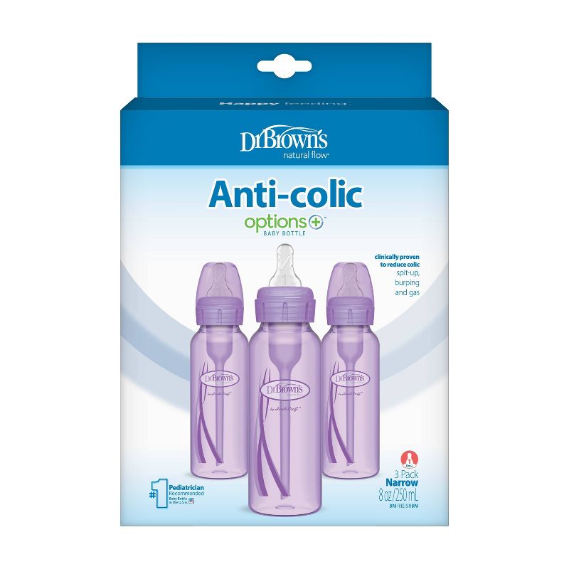 Dr. Brown&#39;s 8oz Anti-Colic Options+ Narrow Baby Bottle with Level 1 Slow Flow Nipple - 3pk - 0m+ - Purple, 3 of 18