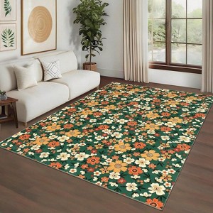 Traditional Floral Rug Modern Farmhouse Rug Stain-Resistant Non-Slip Soft Thin Floor Carpet Foldable Indoor Carpet - 1 of 4