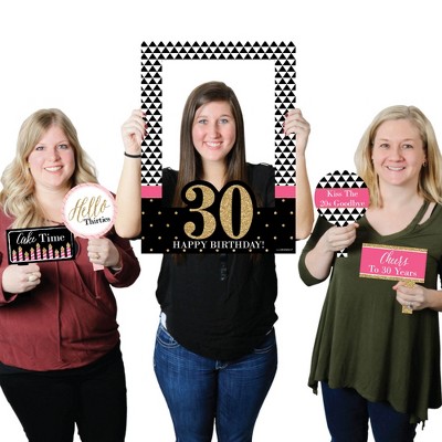 Big Dot of Happiness Chic 30th Birthday - Pink, Black and Gold - Birthday Party Selfie Photo Booth Picture Frame & Props - Printed on Sturdy Material