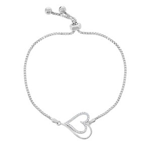 Bella Silver Sterling Silver Box Chain with Center Open CZ Heart with Beads Adjustable Bolo Bracelet - Silver - 1 of 2