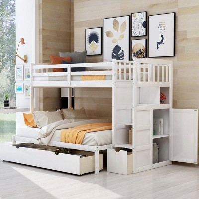 Streamdale Twin over Full/Twin Bunk Bed, Convertible Bottom Bed, Storage Shelves and Drawers, White