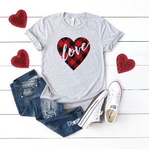 Simply Sage Market Women's Buffalo Plaid Love Heart Short Sleeve Graphic Tee - 1 of 4