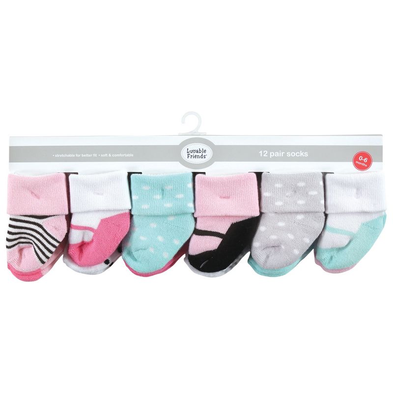 Luvable Friends Baby Girl Newborn and Baby Terry Socks, Mint Pink Mary Janes 12-Pack, 3 of 10