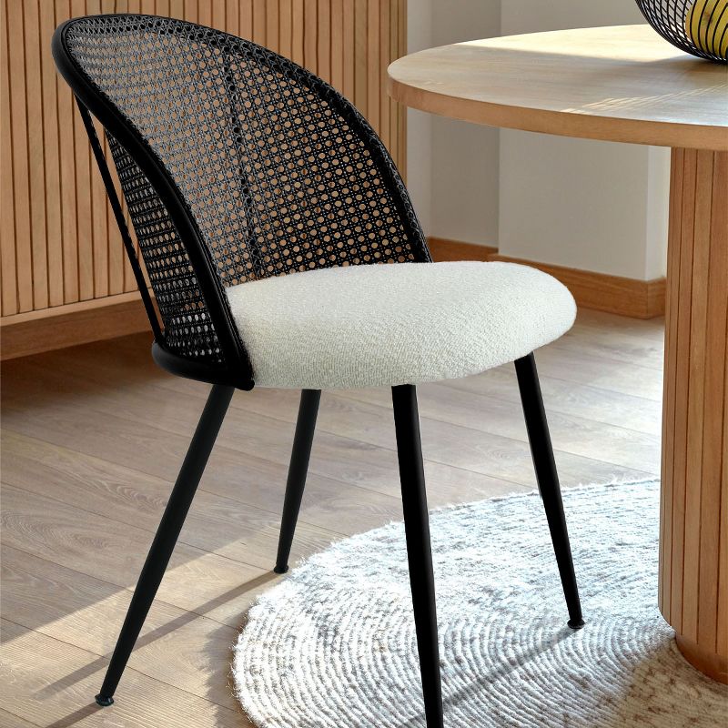 Jules Mesh Rattan Backrest Dining Chair Set of 4 with Black Metal Base, Armless Kitchen Chairs with Upholstered Bouclé Fabric-Maison Boucle, 4 of 10
